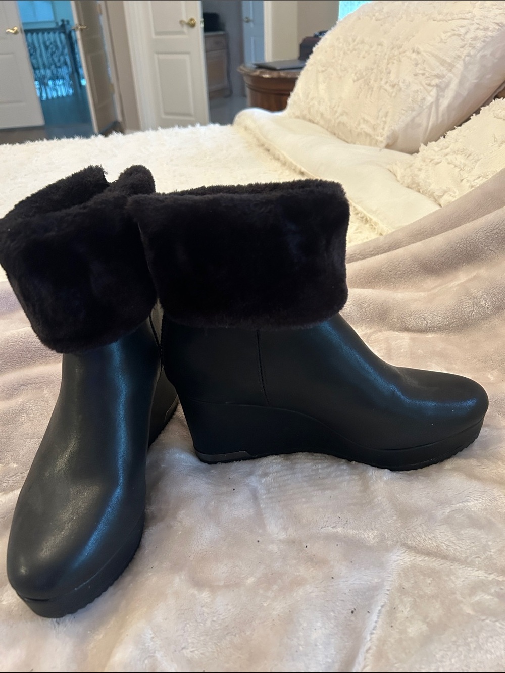 DKNY Black Faux-Fur Cuff Wedge Ankle Boots